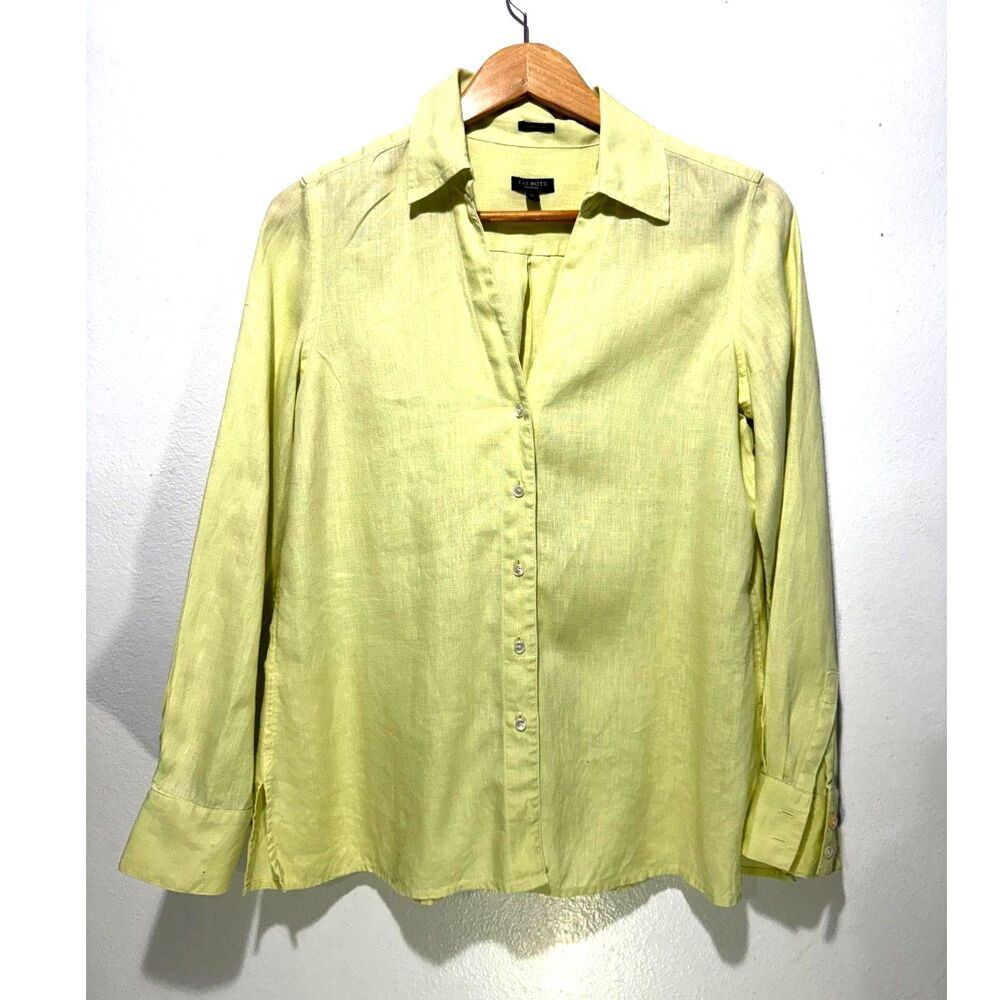 Talbots Irish linen button up shirt lemon green summer casual vacation women 10